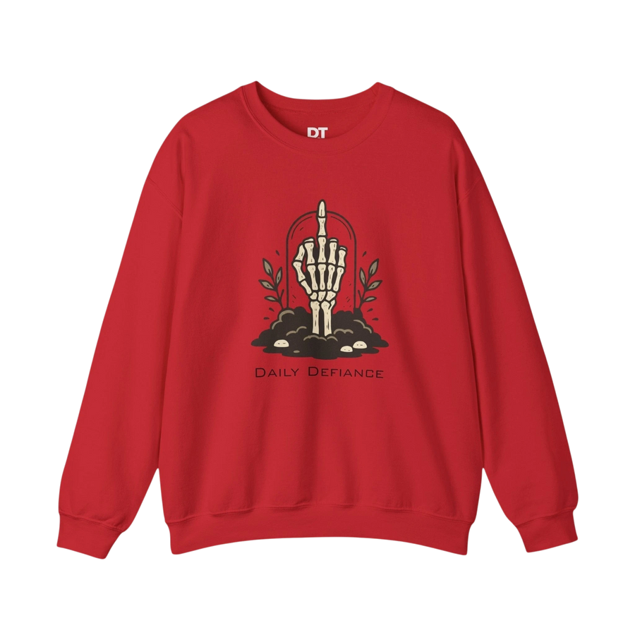 DailyThreadCo. red crewneck sweatshirt with a skeleton hand graphic giving the middle finger, surrounded by foliage and text.
