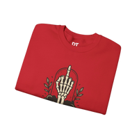DailyThreadCo. red crewneck sweatshirt with a skeleton hand graphic giving the middle finger, surrounded by foliage.