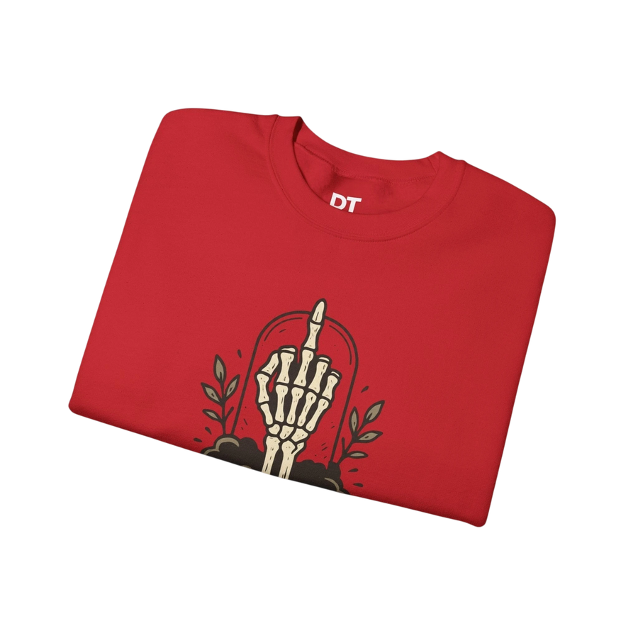 DailyThreadCo. red crewneck sweatshirt with a skeleton hand graphic giving the middle finger, surrounded by foliage.