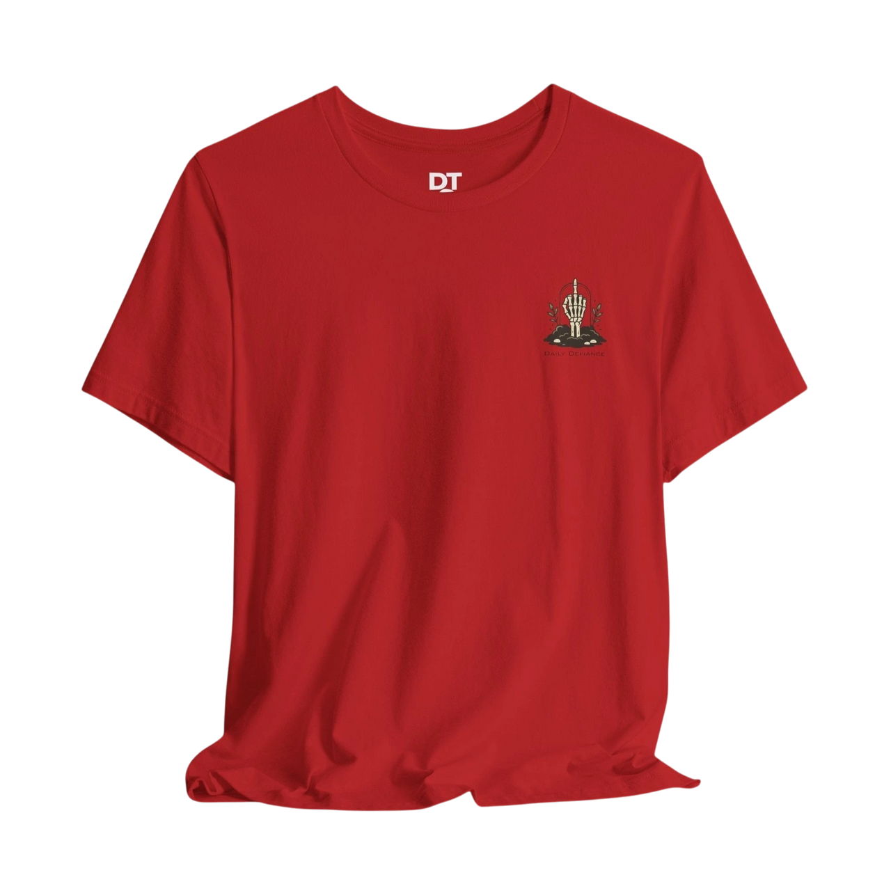 DailyThreadCo. red 100% cotton t-shirt with a small chest graphic of a skeleton hand and "Daily Defiance" text.