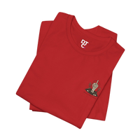 DailyThreadCo. red 100% cotton t-shirt with a small chest graphic of a skeleton hand and 