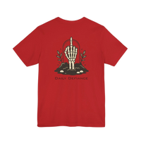DailyThreadCo. red 100% cotton t-shirt with a graphic of a skeleton hand rising from the ground with leaves and the words 