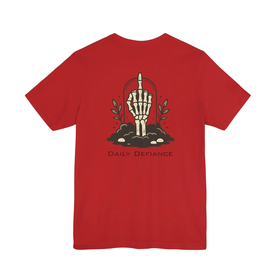 DailyThreadCo. red 100% cotton t-shirt with a graphic of a skeleton hand rising from the ground with leaves and the words "Daily Defiance" below.