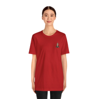 DailyThreadCo. red 100% cotton t-shirt with a small gothic skeleton hand graphic on the chest.