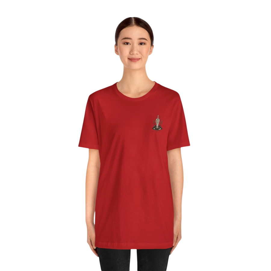 DailyThreadCo. red 100% cotton t-shirt with a small gothic skeleton hand graphic on the chest.