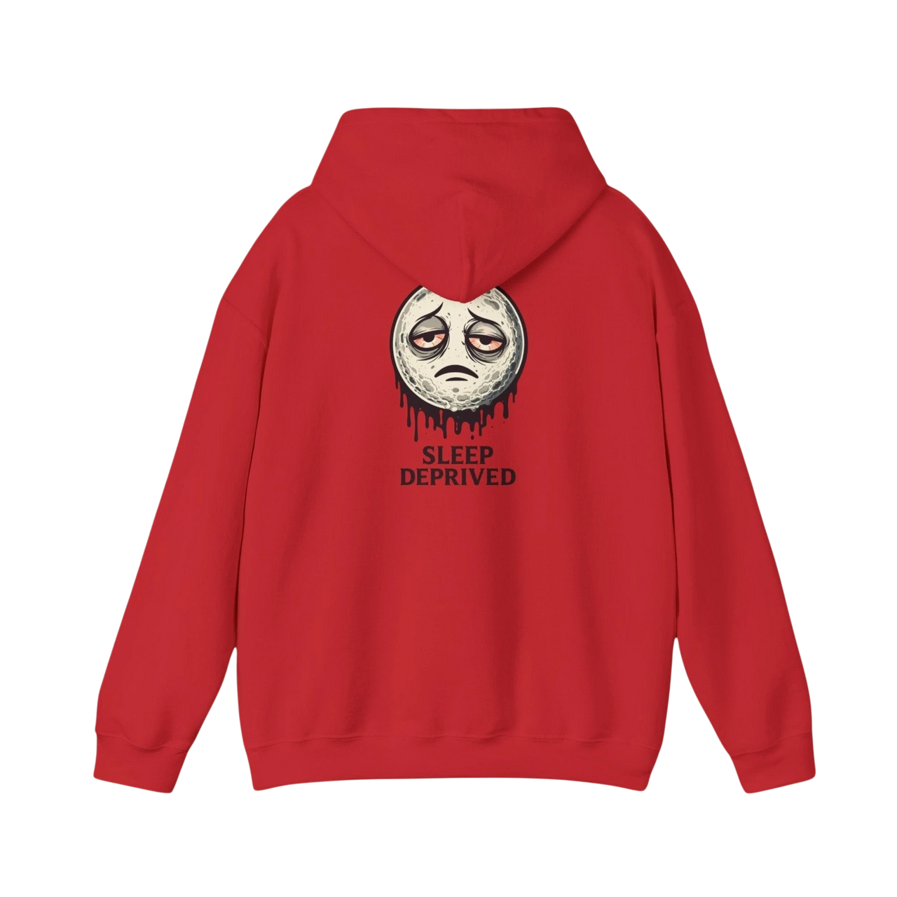 DailyThreadCo. red cotton-poly blend hoodie with a dripping moon graphic and "SLEEP DEPRIVED" text on the back.