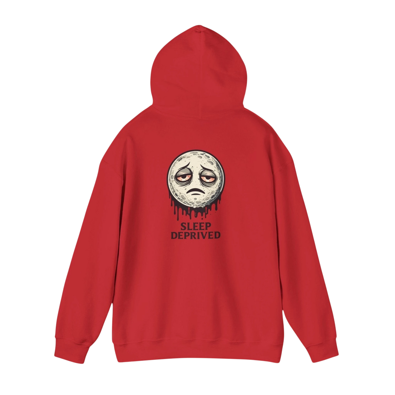 DailyThreadCo. red cotton-poly fleece hoodie with a dripping moon graphic and "SLEEP DEPRIVED" text on the back.