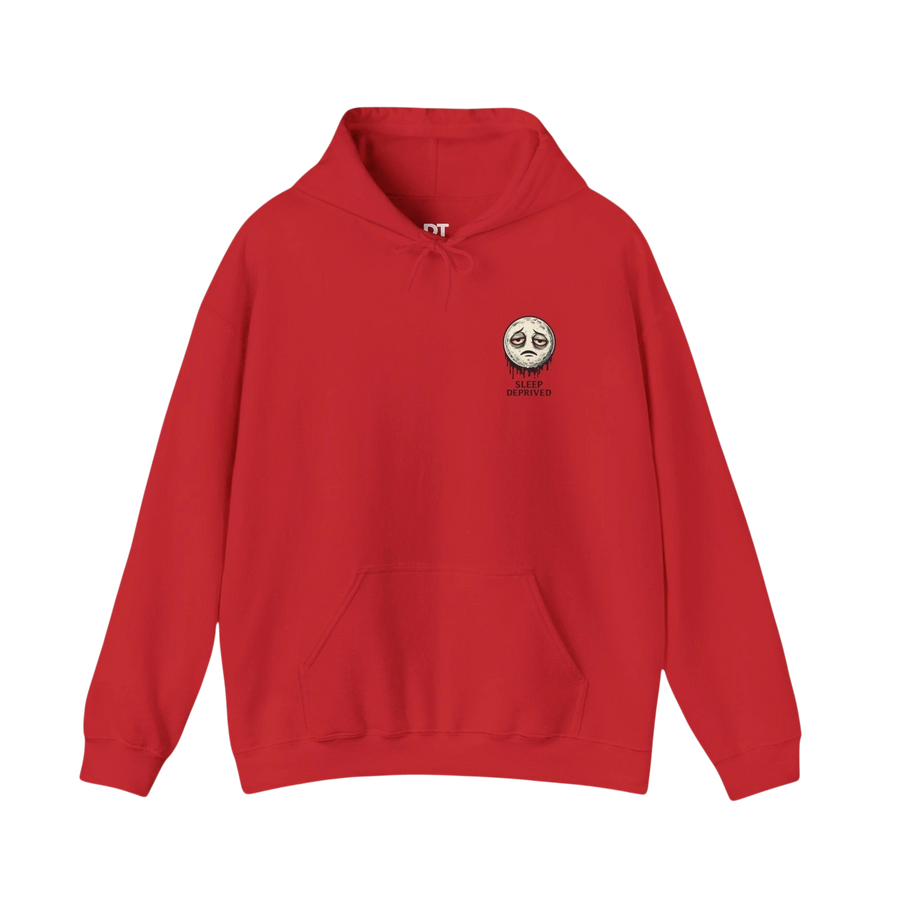 DailyThreadCo. red cotton-poly fleece hoodie with a dripping moon graphic and "SLEEP DEPRIVED" text.