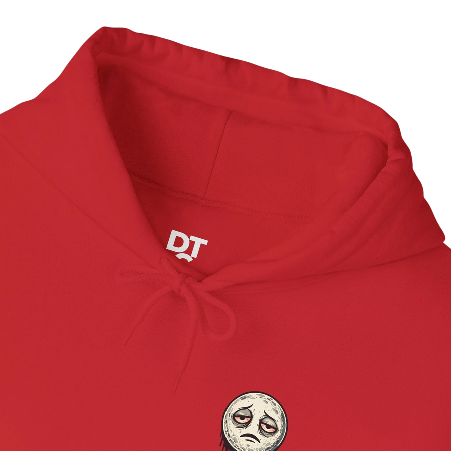 DailyThreadCo. red cotton-poly blend hoodie with a dripping moon graphic and "SLEEP DEPRIVED" text. Features a kangaroo pocket and drawstring hood.