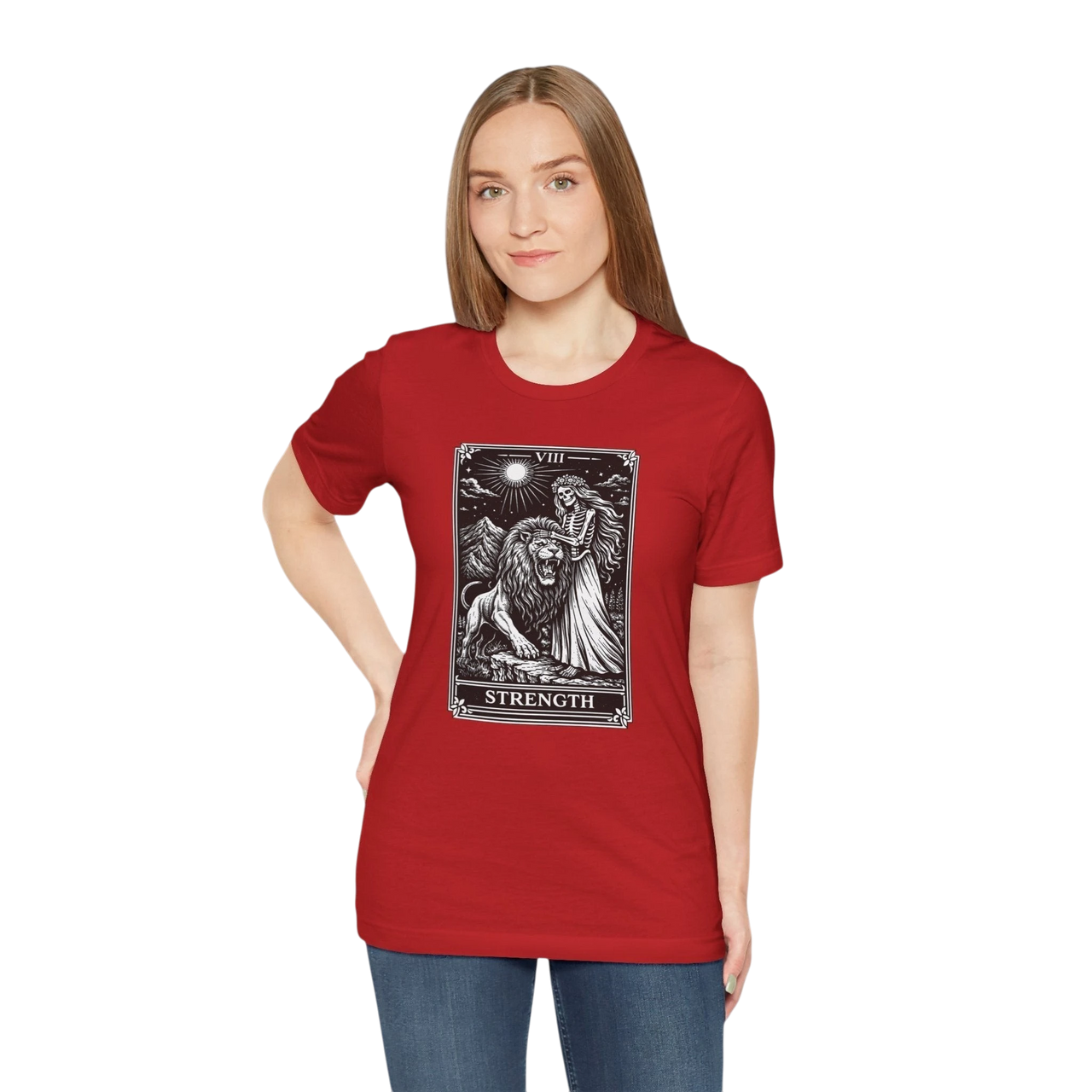 DailyThreadCo. red 100% cotton crew neck t-shirt with vintage Strength tarot card illustration of a woman and lion.