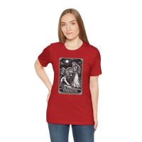 DailyThreadCo. red 100% cotton crew neck t-shirt with vintage Strength tarot card illustration of a woman and lion.