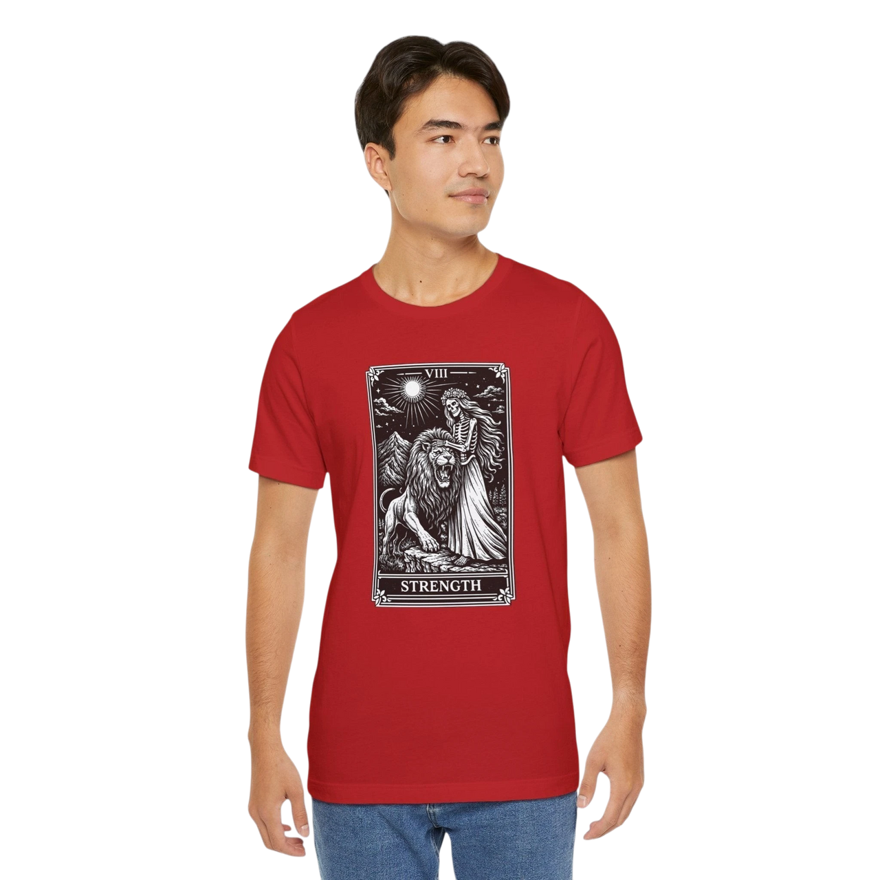 DailyThreadCo. red 100% cotton crew neck t-shirt with vintage Strength tarot card illustration of a woman and lion.