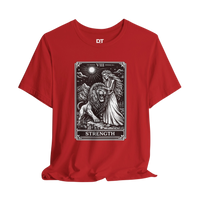 DailyThreadCo. red cotton t-shirt with vintage Strength tarot card illustration of a woman and lion.