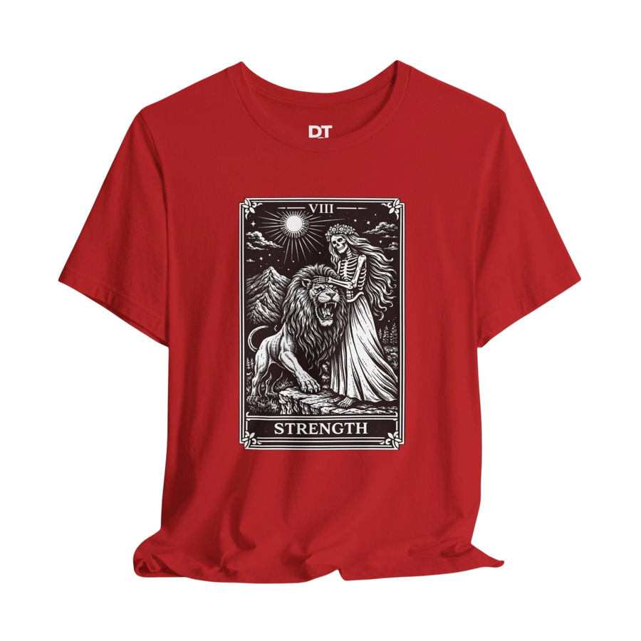 DailyThreadCo. red cotton t-shirt with vintage Strength tarot card illustration of a woman and lion.