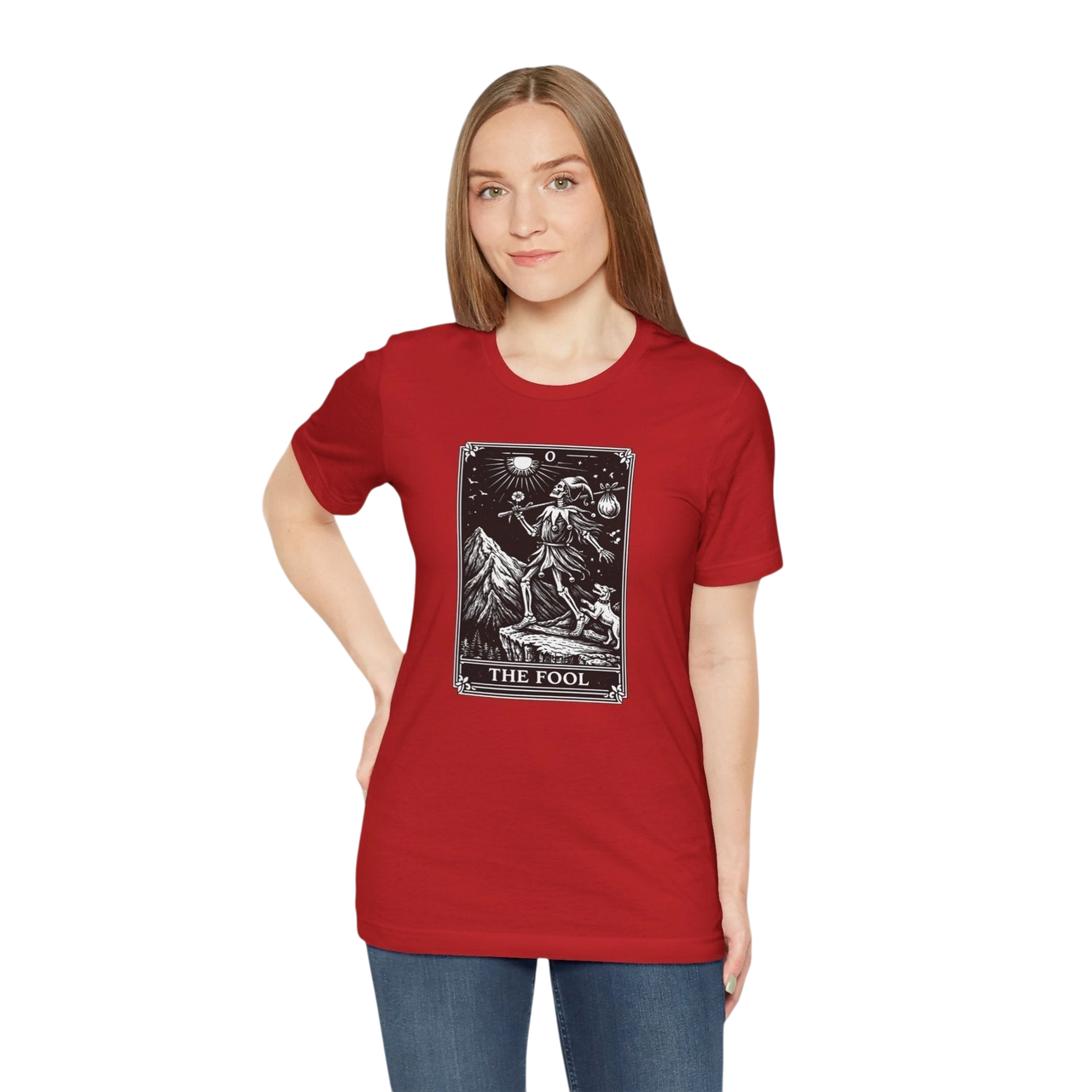 DailyThreadCo. red cotton t-shirt with 'The Fool' tarot card graphic print on the front.