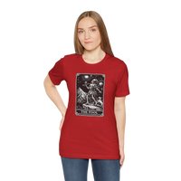 DailyThreadCo. red cotton t-shirt with 'The Fool' tarot card graphic print on the front.