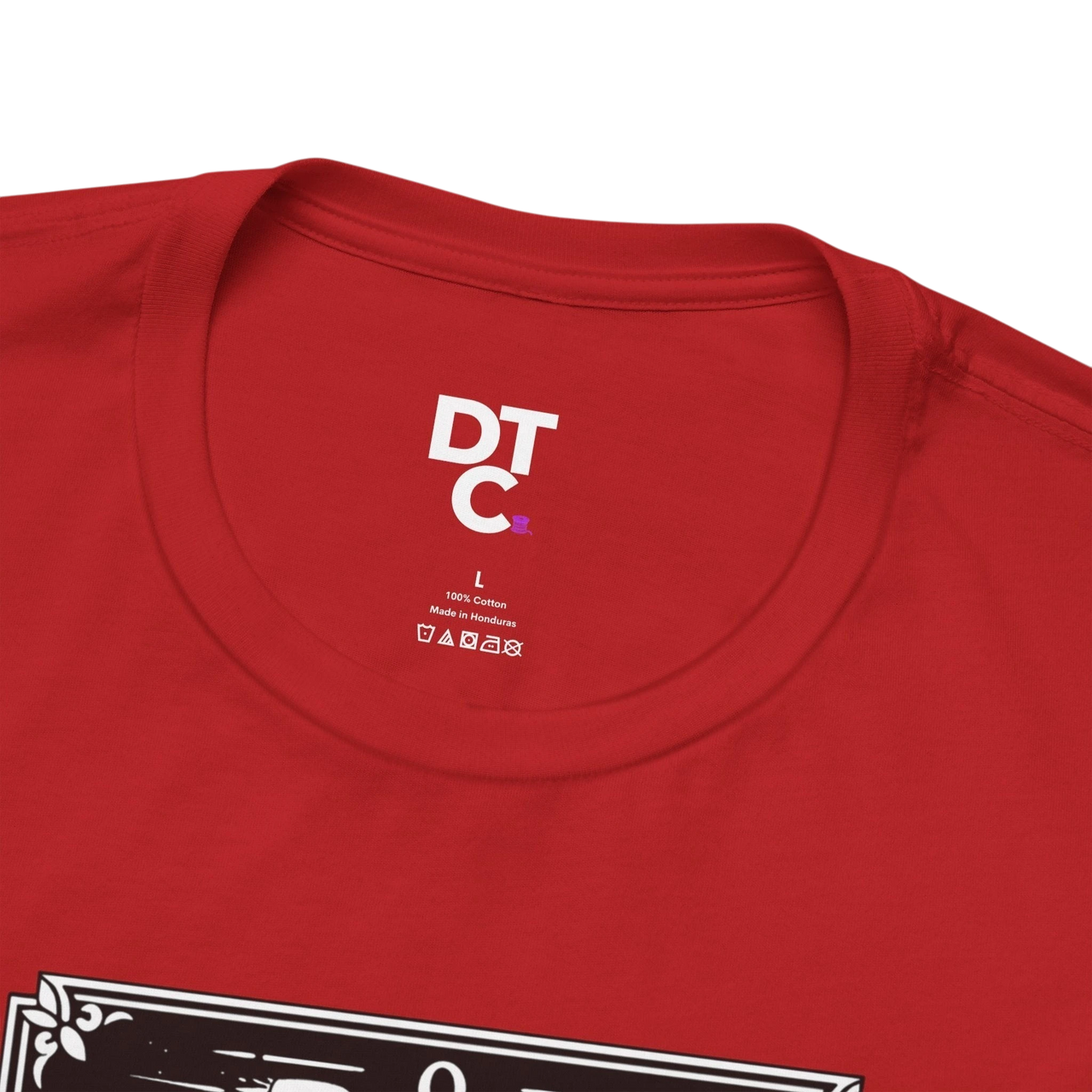 DailyThreadCo. red 100% cotton t-shirt with 'The Fool' tarot card graphic and crew neckline.