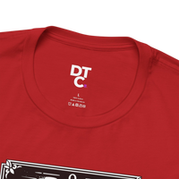 DailyThreadCo. red 100% cotton t-shirt with 'The Fool' tarot card graphic and crew neckline.