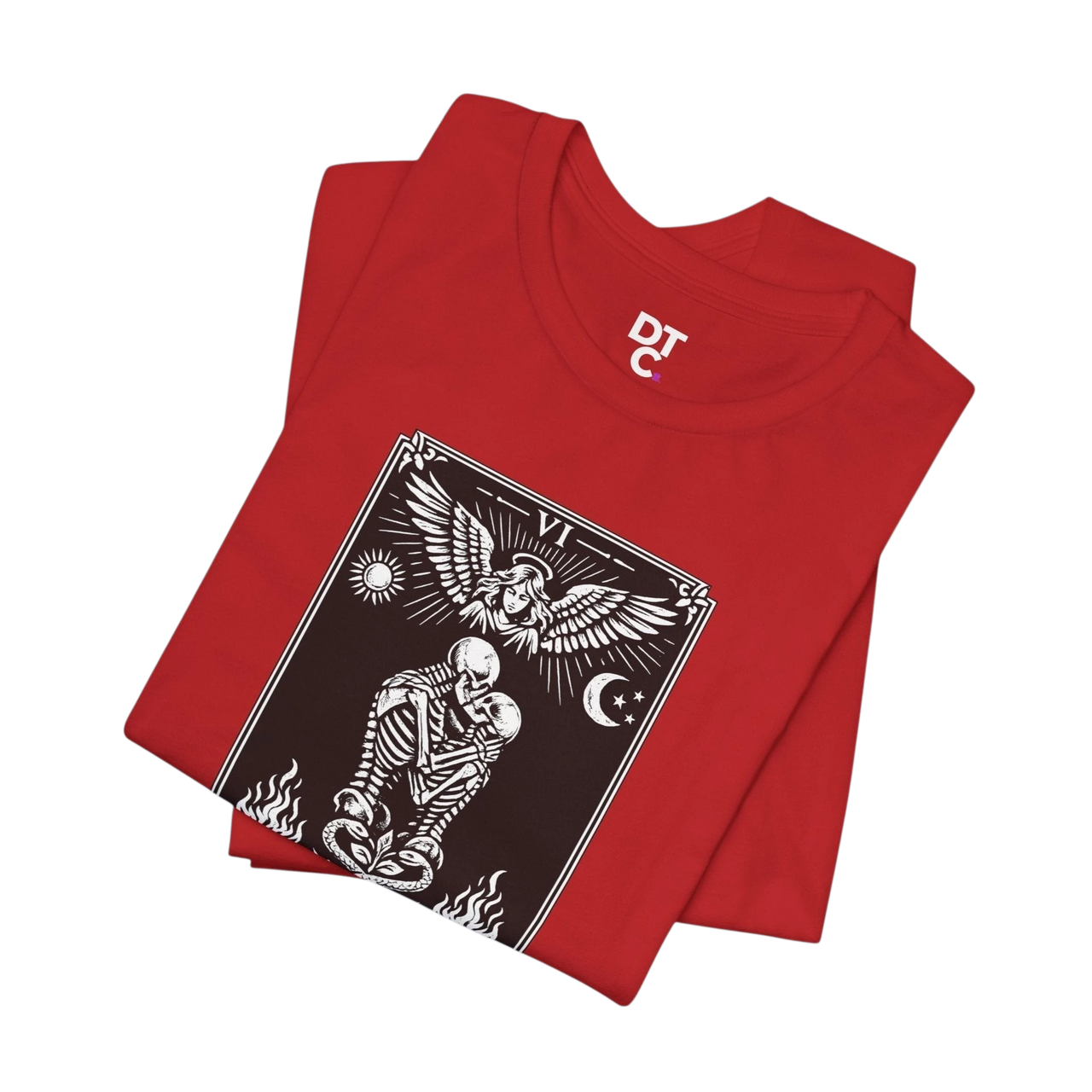 DailyThreadCo. red cotton t-shirt with a black and white graphic of The Lovers tarot card, featuring skeletons embracing under an angel.