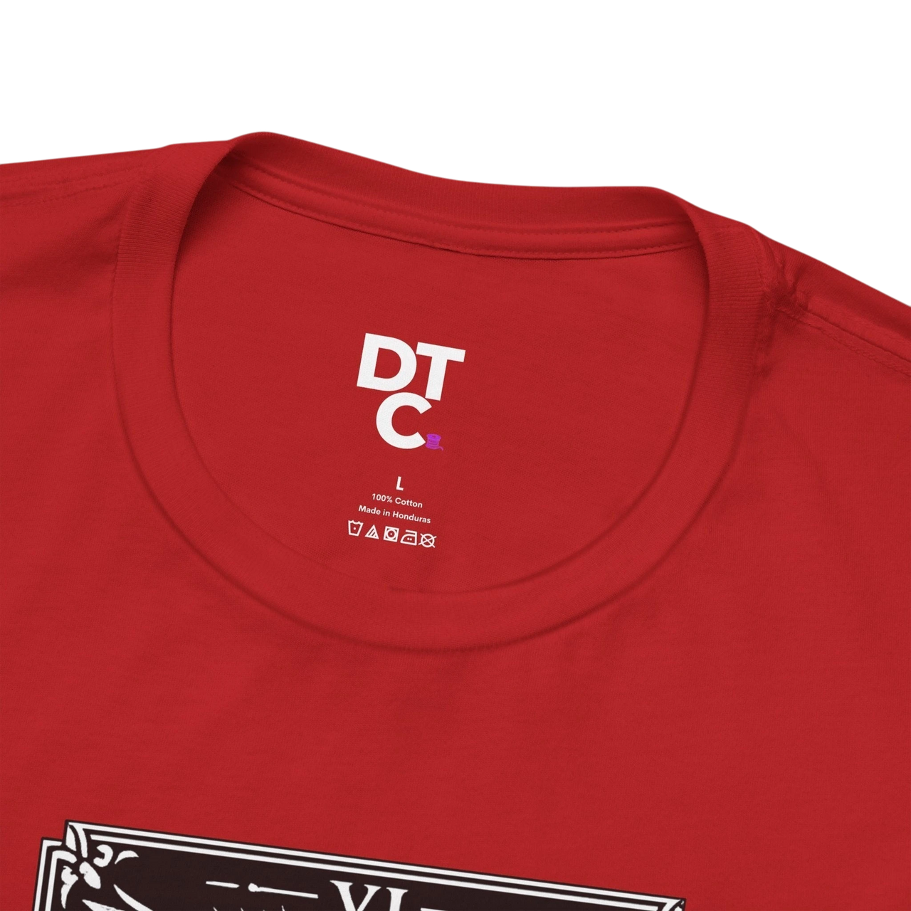 DailyThreadCo. red 100% cotton t-shirt with a black and white 'The Lovers' tarot card graphic and occult symbols.