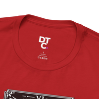 DailyThreadCo. red 100% cotton t-shirt with a black and white 'The Lovers' tarot card graphic and occult symbols.