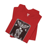 DailyThreadCo. red cotton t-shirt with a black and white graphic of The Lovers tarot card, featuring skeletons embracing under an angel.