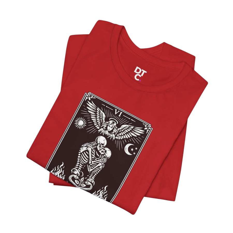 DailyThreadCo. red cotton t-shirt with a black and white graphic of The Lovers tarot card, featuring skeletons embracing under an angel.