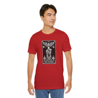 DailyThreadCo. red cotton t-shirt with a black and white graphic of The Lovers tarot card, featuring skeletons embracing under an angel.