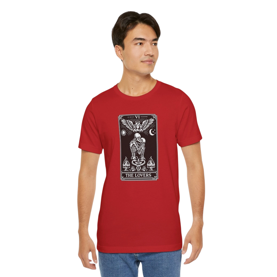 DailyThreadCo. red cotton t-shirt with a black and white graphic of The Lovers tarot card, featuring skeletons embracing under an angel.