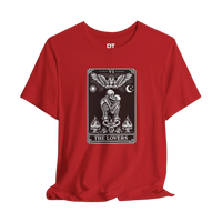DailyThreadCo. red cotton t-shirt with a black and white graphic of The Lovers tarot card, featuring skeleton figures, angelic wings, sun, moon, and flames.