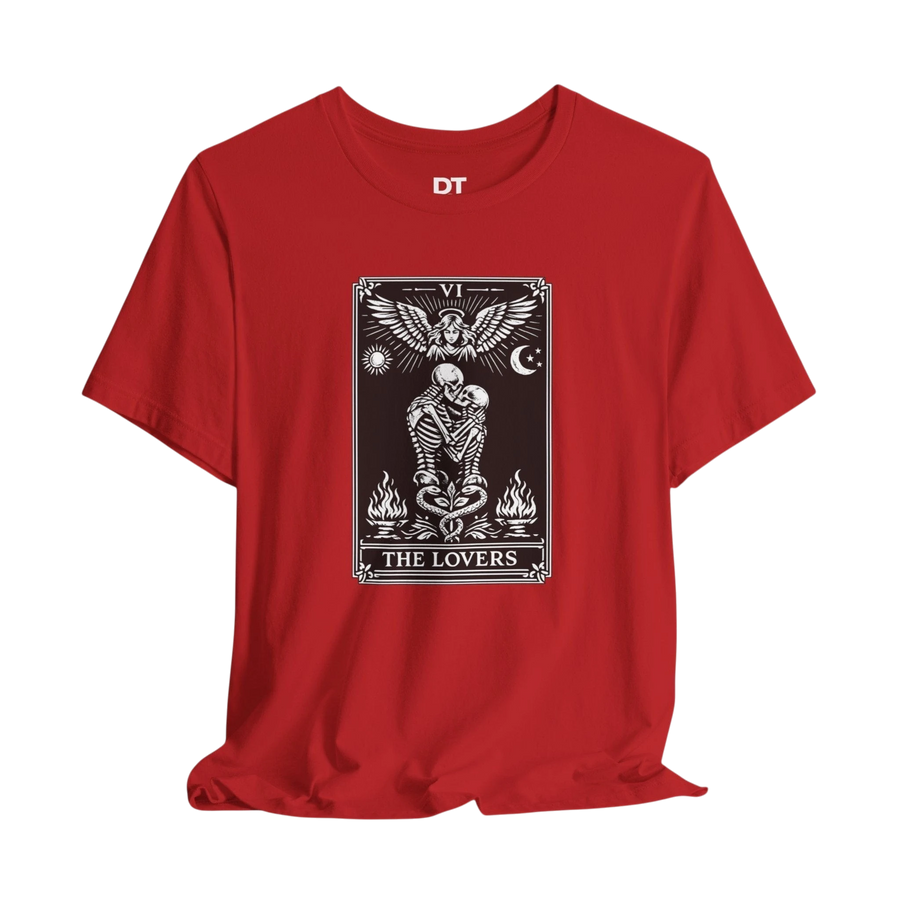 DailyThreadCo. red cotton t-shirt with a black and white graphic of The Lovers tarot card, featuring skeleton figures, angelic wings, sun, moon, and flames.