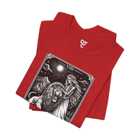 DailyThreadCo. red crew neck t-shirt with vintage Strength tarot card illustration of a woman and lion.
