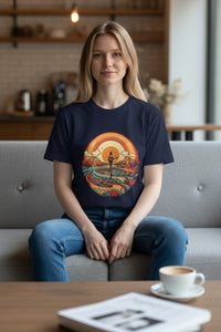 DailyThreadCo. navy blue 100% cotton t-shirt with a retro sunset graphic featuring a lone guitarist on a winding river.