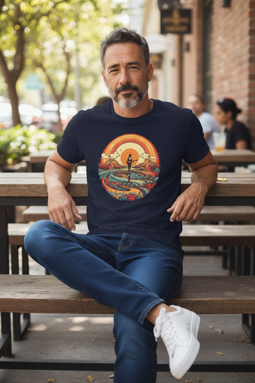 DailyThreadCo. navy blue 100% cotton t-shirt with a retro sunset graphic featuring a lone guitarist on a winding river.