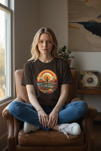 DailyThreadCo. brown 100% cotton t-shirt with a retro sunset graphic featuring a lone guitarist and rolling waves.