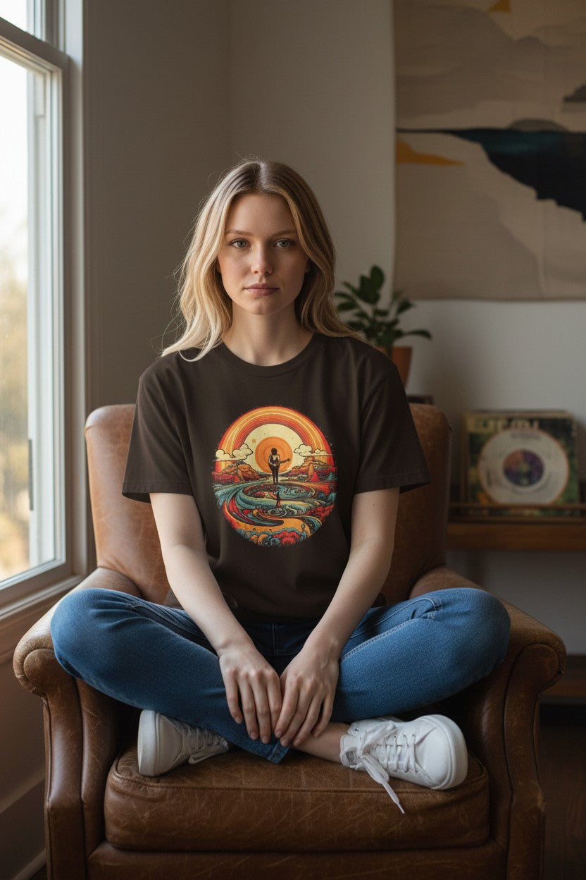 DailyThreadCo. brown 100% cotton t-shirt with a retro sunset graphic featuring a lone guitarist and rolling waves.