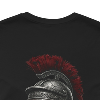 DailyThreadCo. black 100% cotton t-shirt with a distressed Roman galea helmet graphic and red plume.