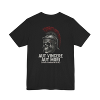DailyThreadCo. black 100% cotton t-shirt with a Roman skull graphic wearing a galea helmet and the Latin phrase 
