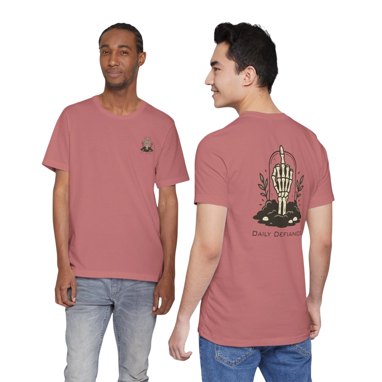 DailyThreadCo. Muted rose 100% cotton t-shirt with a skeleton hand graphic on the back and a small chest emblem. Features a vintage, rebellious style.