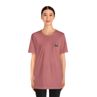 DailyThreadCo. Muted rose 100% cotton t-shirt with a small gothic skeleton hand graphic on the chest.