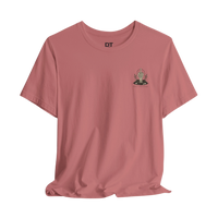 DailyThreadCo. Muted rose 100% cotton t-shirt with a small chest graphic of a skeleton hand and 