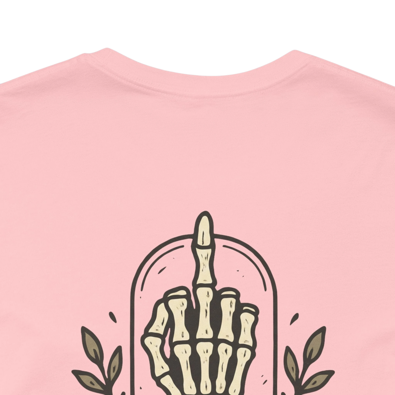 DailyThreadCo. Muted rose 100% cotton t-shirt with a skeleton hand graphic on the back and a small chest emblem.