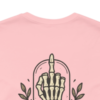 DailyThreadCo. Muted rose 100% cotton t-shirt with a skeleton hand graphic on the back and a small chest emblem.