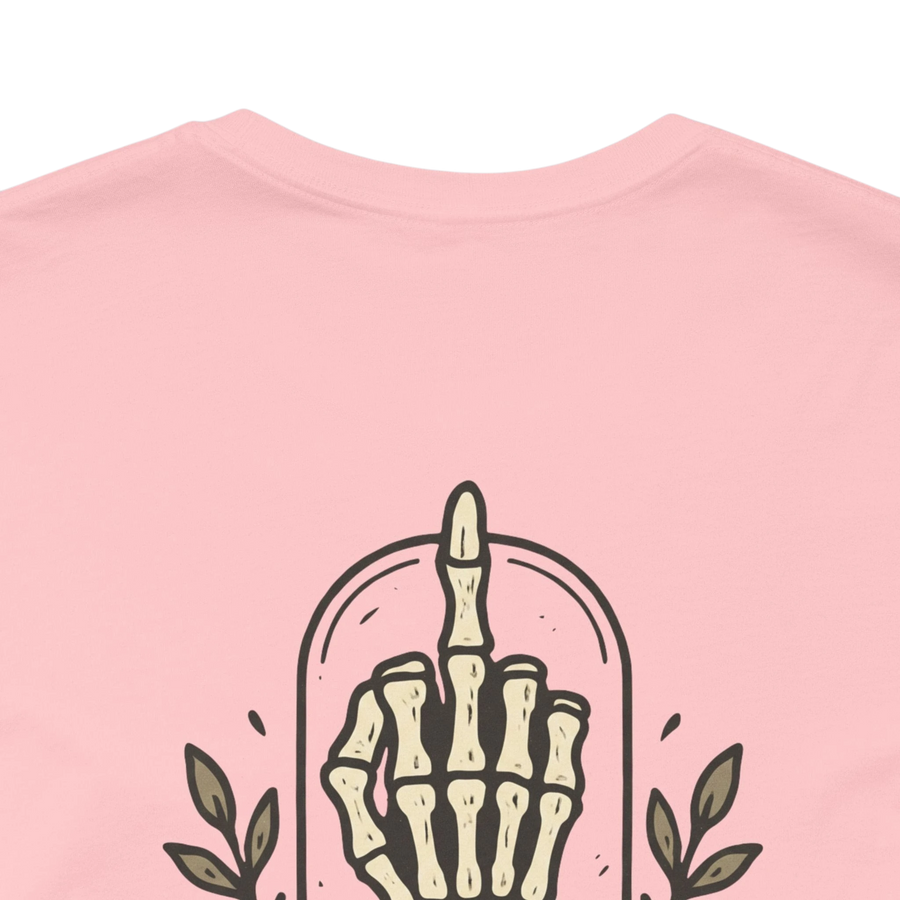 DailyThreadCo. Muted rose 100% cotton t-shirt with a skeleton hand graphic on the back and a small chest emblem.