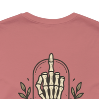 DailyThreadCo. muted rose 100% cotton t-shirt with a skeleton hand graphic giving the middle finger.