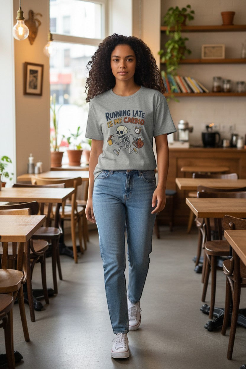DailyThreadCo. grey cotton t-shirt with a cartoon skeleton running, holding coffee and a basketball, with the text "Running Late Is My Cardio".