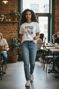 DailyThreadCo. white cotton t-shirt with a cartoon skeleton running, holding coffee and a bag, with the text 
