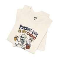 DailyThreadCo. cream cotton t-shirt with a cartoon skeleton running late, holding coffee and a backpack, with the text 