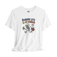 DailyThreadCo. white cotton t-shirt with a cartoon skeleton running, holding coffee and a backpack, with the text 