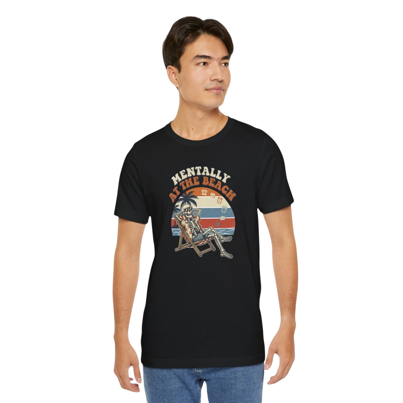 DailyThreadCo. black 100% cotton t-shirt with a retro graphic of a skeleton relaxing on a beach chair under palm trees, text reads "Mentally at the Beach".